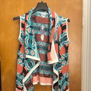 Aztec Open-Front Sleeveless Cardigan Vest in Coral & Teal